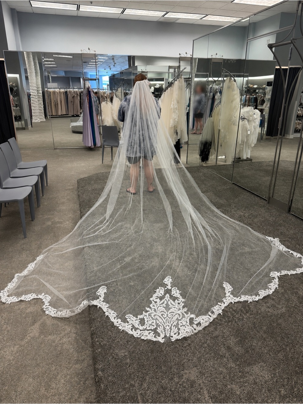 David's Bridal White Cathedral Veil with Lace Appliqué Hem